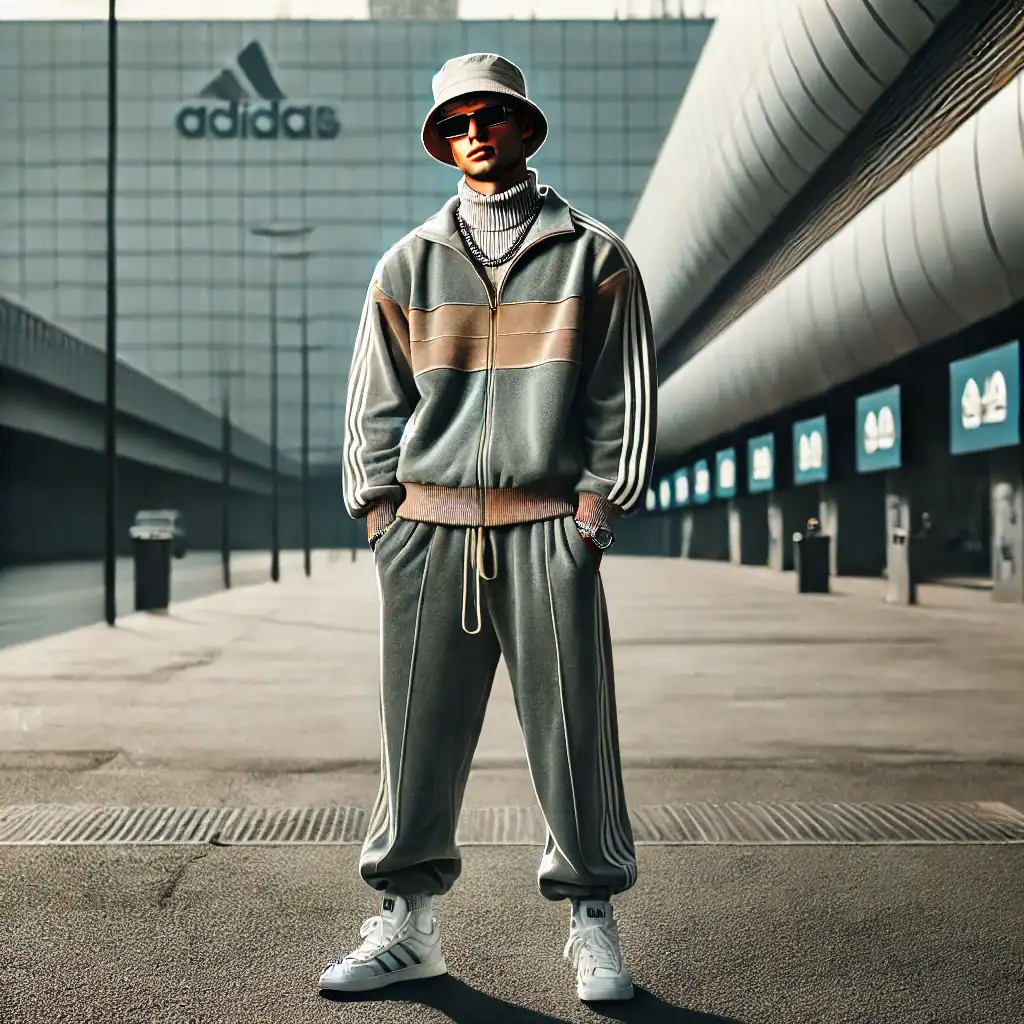 Oblečení streetwear styl v šedé a béžové barvě na muži stojícím před moderní budovou s logem Adidas.