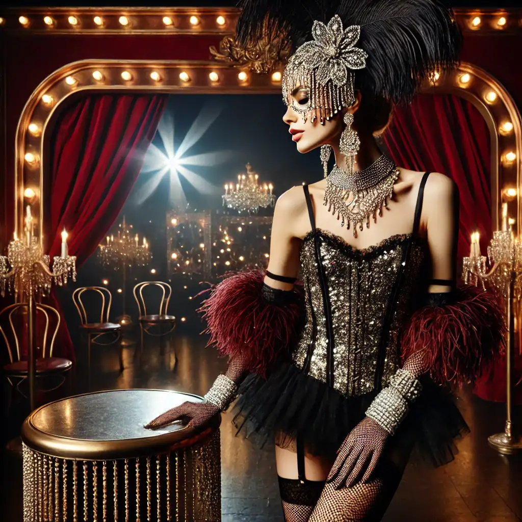 Lesklé korálky a extravagantní šperky – luxusní noční show s extravagantní módní šperky a kostýmem ve stylu kabaretu. Elegantní dámský kostým s bohatou výzdobou a extravagantními detaily.