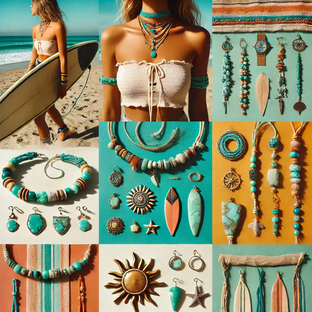 Barevná a etnická šperková kolekce s turmalínovými a kulatými korálky, náhrdelníky, náušnice, náramky, a přívěsky na pláži, inspirovaná tropickým stylem a bohémským designem. Perfektní doplňky k letním outfitům.