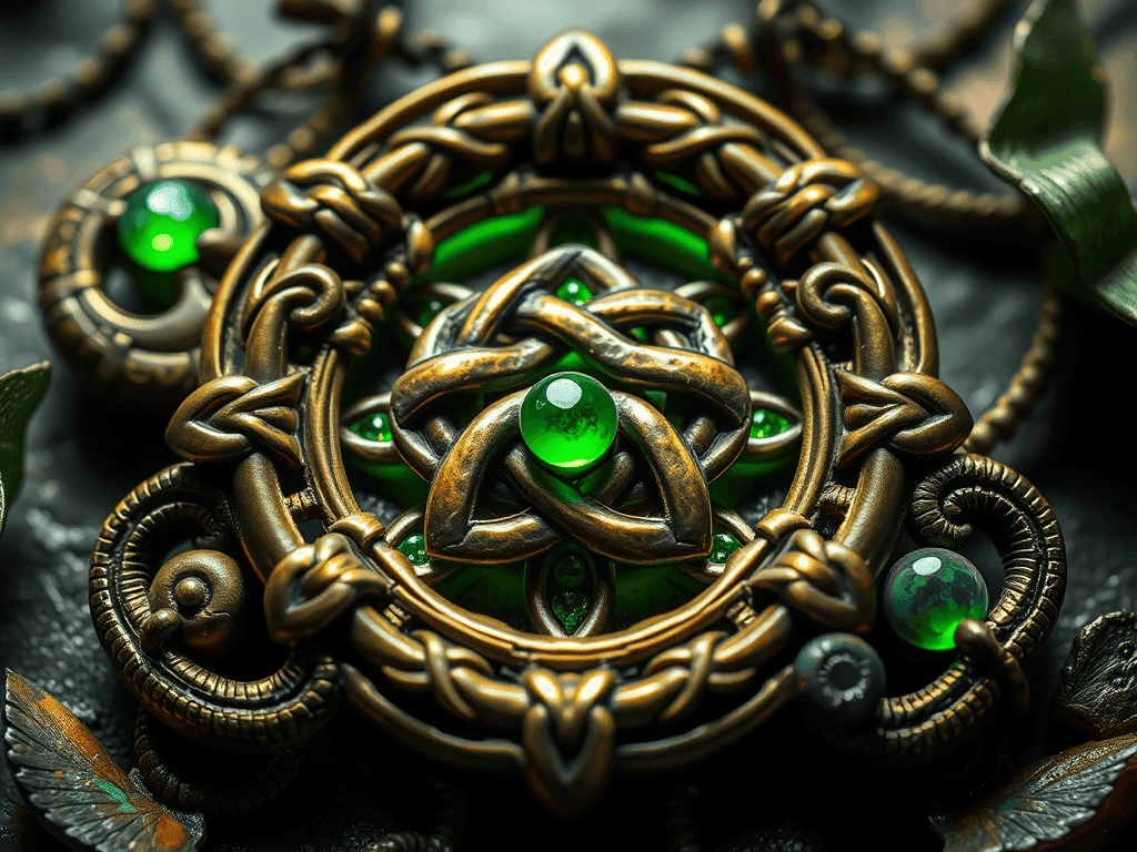 Zlaté a zelené kámen skřet divoké kruhové šperky s ornamenty na tmavém pozadí.