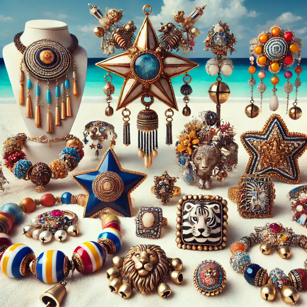 Barevné šperky a náušnice s perly a korály na pláži. Ručně vyrobené náhrdelníky, brože a přívěsky s motivy zvířat a hvězd pro originální styl. Ideální pro milovníky bead art a vintage šperků.
