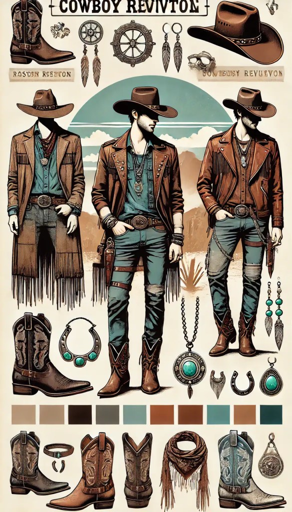 Vintage western cowboyské oblečení a doplňky, westernové boty, šperky s turquoise, kovbojský klobouk a ozdoby, ideální pro texaský styl a country fashion, Bead Culture.