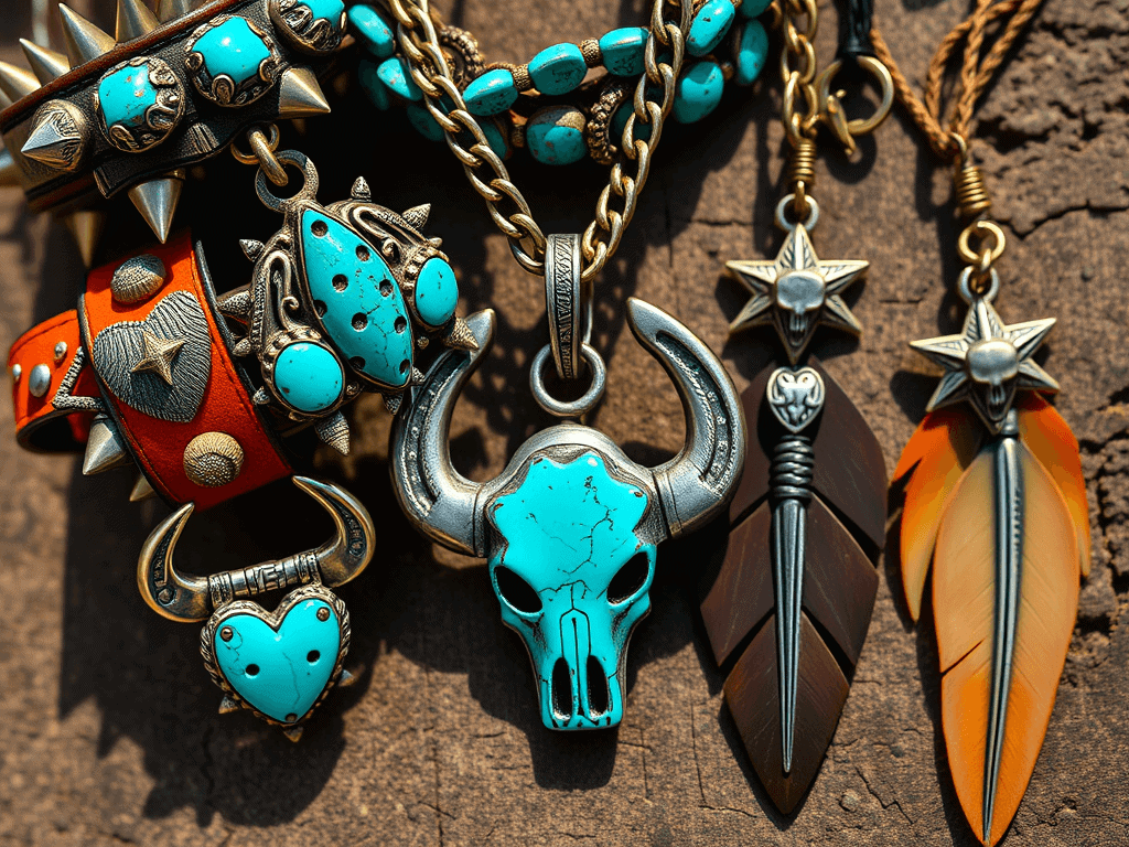 Turquoise a stříbrné šperky s kovovými prvky a brokátem, avantgardní design s indiánskými motivy, boho stylové náhrdelníky a náramky, ideální pro originální outfity a módní doplňky.