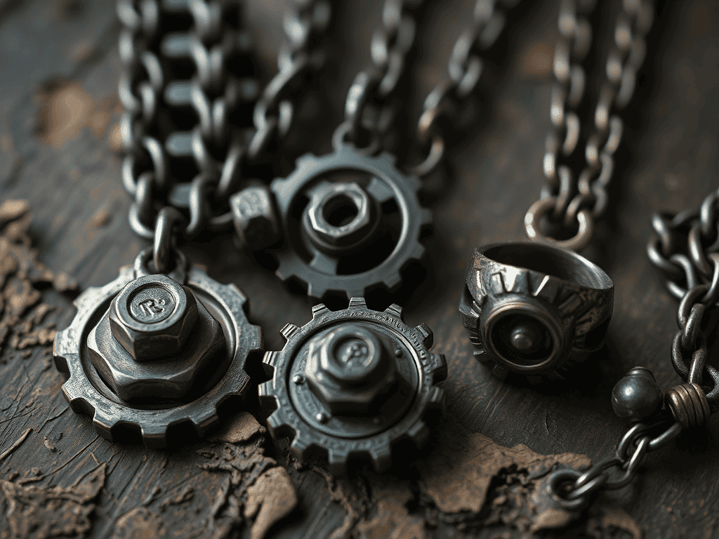 Ocelové šperky a prášky s industriálním vzhledem, vhodné pro originální designové doplňky.