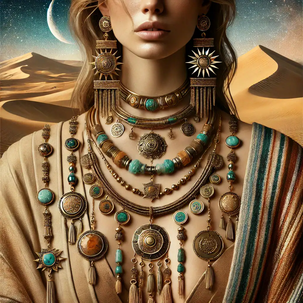 Barevné egyptské šperky s tyrkysy a kovovými detaily v pouštním prostředí, zdůrazňující bohatství a tradiční design, ideální pro milovníky etnického umění a originálních ozdob.