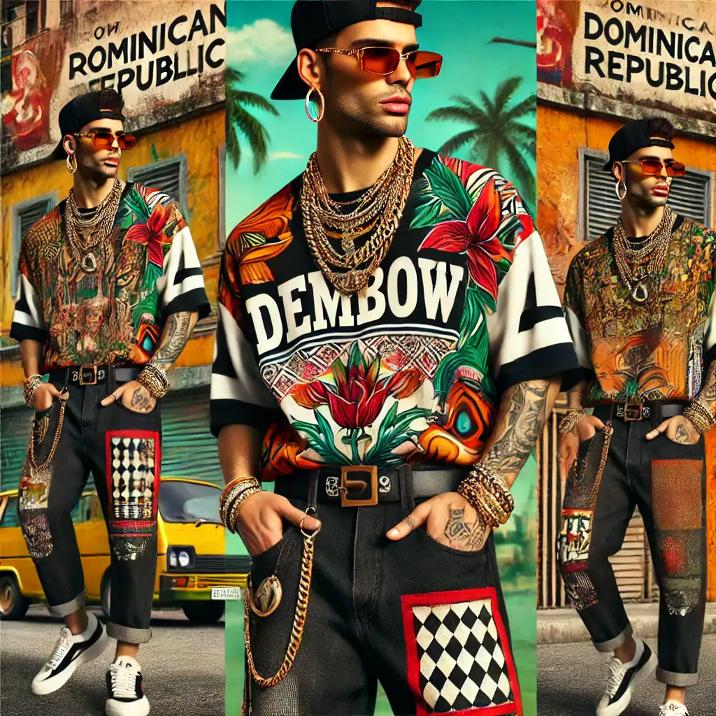 Barevné, módní pánské streetwear oblečení s tropickým motivem a graffiti prvky, doplněné o větší šperky, sluneční brýle a urban prostředí na pozadí, ideální pro trendy módu a ulici.