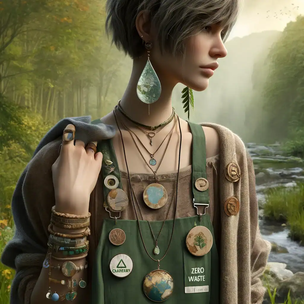 Ekologické šperky s přírodními motivy, ekologická móda s dřevěnými a přírodně inspirovanými doplňky, udržitelný styl s přírodními motivy a recyclovanými materiály, šperky a módní doplňky s ekologickým zaměřením.