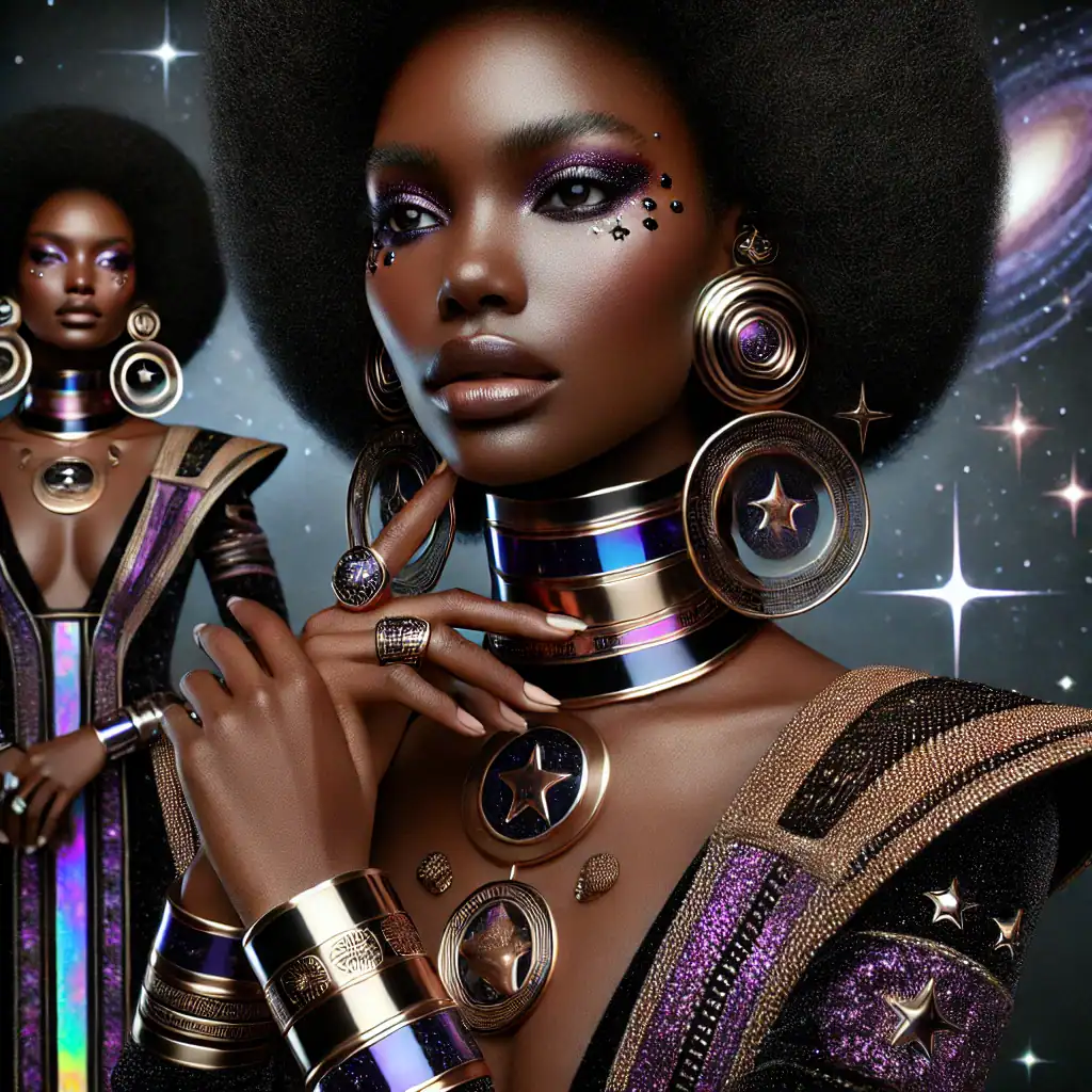 Kytičné, kosmické šperky pro odvážné ženy, inspirované vesmírem a galaxií, s třpytivými prvky a extravagantním designem, ideální pro módní a umělecké projekty.