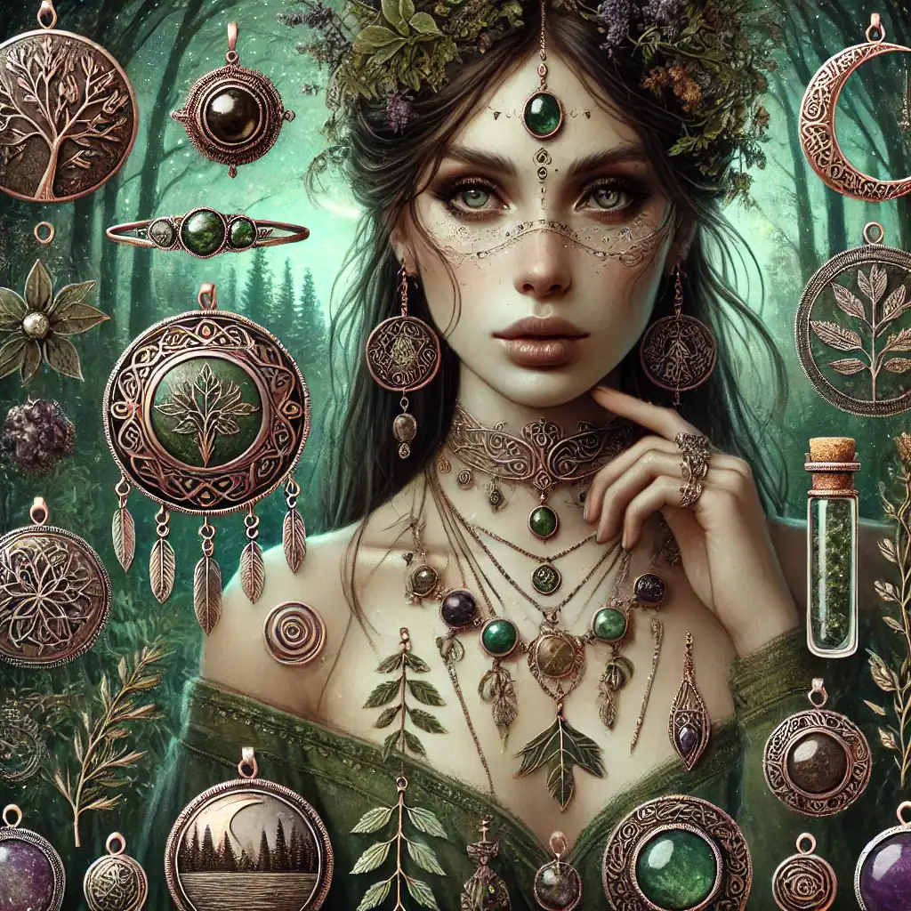 Výuční klenotnictví s listovými motivy, šperky z přírodních materiálů, magické šperky a ozdoby inspirované lesem a přírodou, originální náhrdelníky a náušnice, etno styl šperků pro přírodní krásu, Bead Culture, magická žena s přírodními šperky.