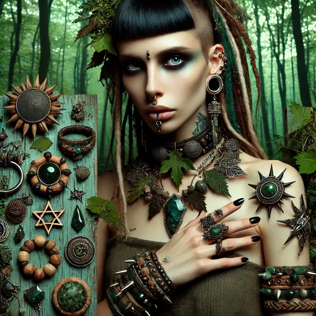 Barevně zdobená žena s tetováním a šperky v přírodním lese s šperky a doplňky z korálků, kovu a přírodních materiálů, trendy bižuterie a originální šperky pro umělecké a bohémské styly.