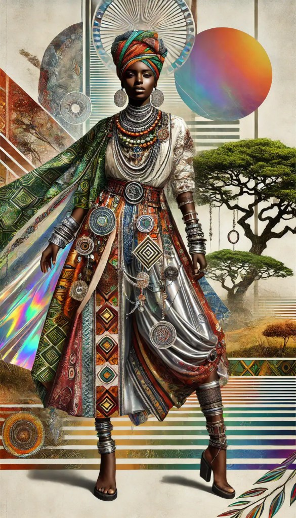 Barevné africké šaty a šperky s bohatým vzorem a detaily, etno styl, moderní umělecké zobrazení, kulturní inspirace, módní doplňky, etnický oděv, tradiční a současný vzhled, multikulturní moda, bohatá textilní výzdoba.