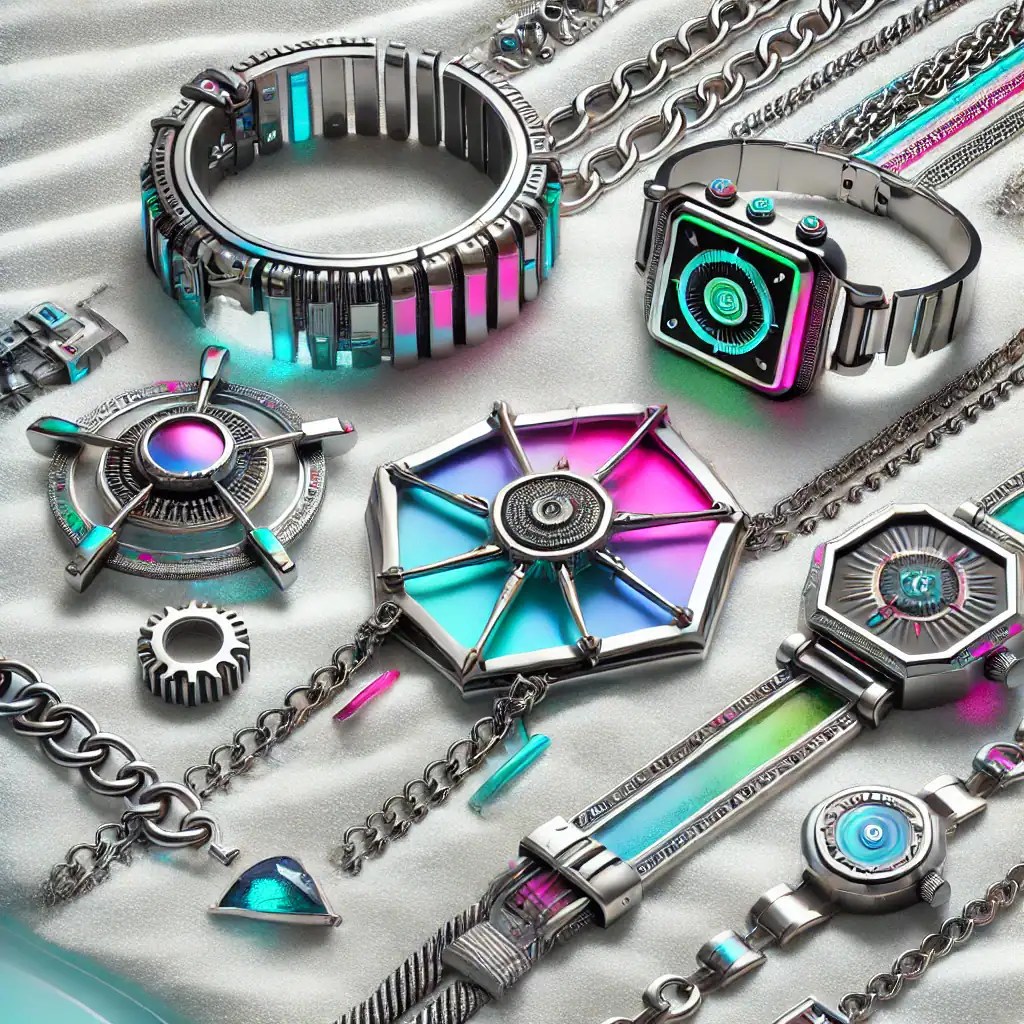 Luxusní náramky a hodinky s kovovým designem a barevnými LED prvky, ideální pro moderní a stylové doplňky.