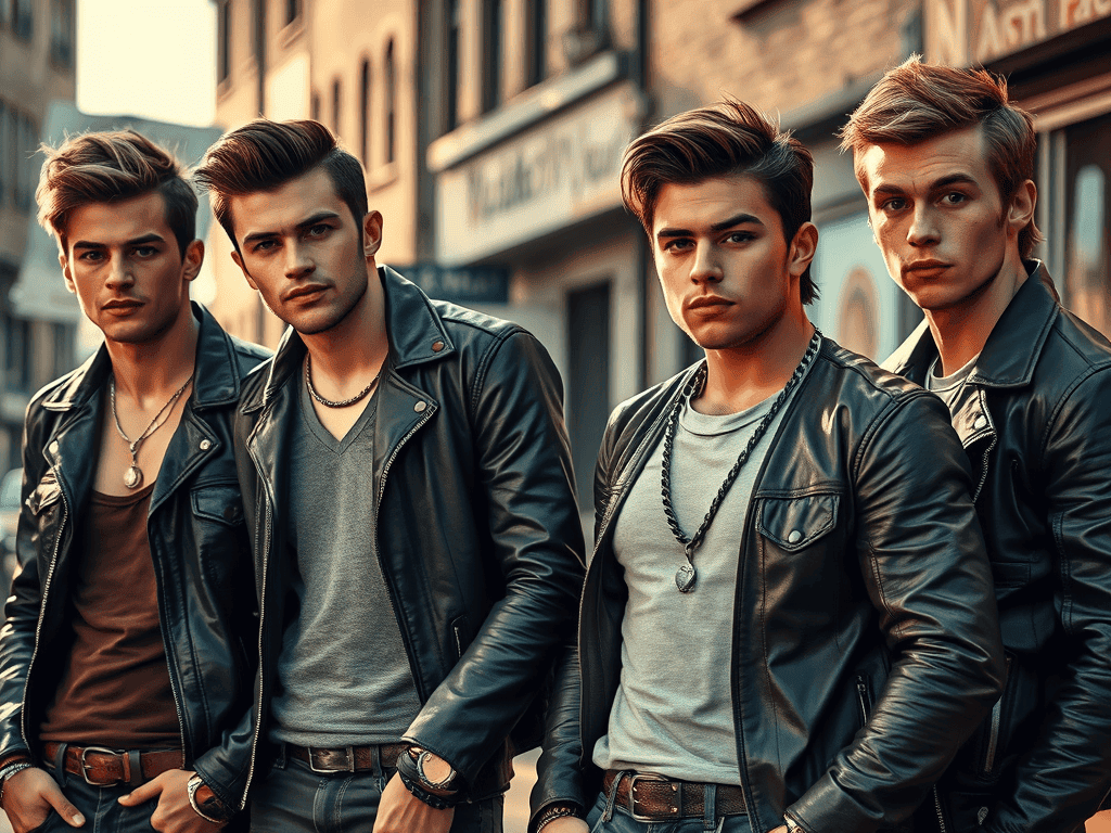 Skupina mladíků z greasers subkultury s koženými bundami, džínsy a typickými účesy inspirovanými 50. lety