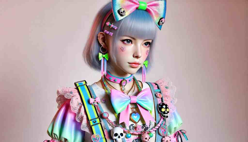 Barevné korálky a doplňky, japonský k-pop styl, módní styl, pastelové barvy, moderní umění, trendy šperky, kreativní módní doplňky, roztomilý a extravagantní vzhled, multikulturní vizuální styl, módní inspirovaný popkulturou.