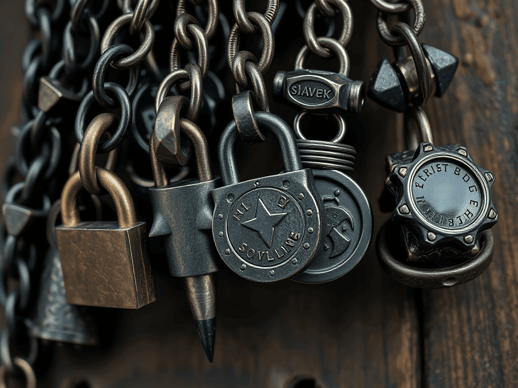 Staromódové visací zámky a řetězy na dřevěném povrchu, symbol bezpečí a zabezpečení, ideální pro šperky nebo dekorace v beadingu a řemeslných projektech.