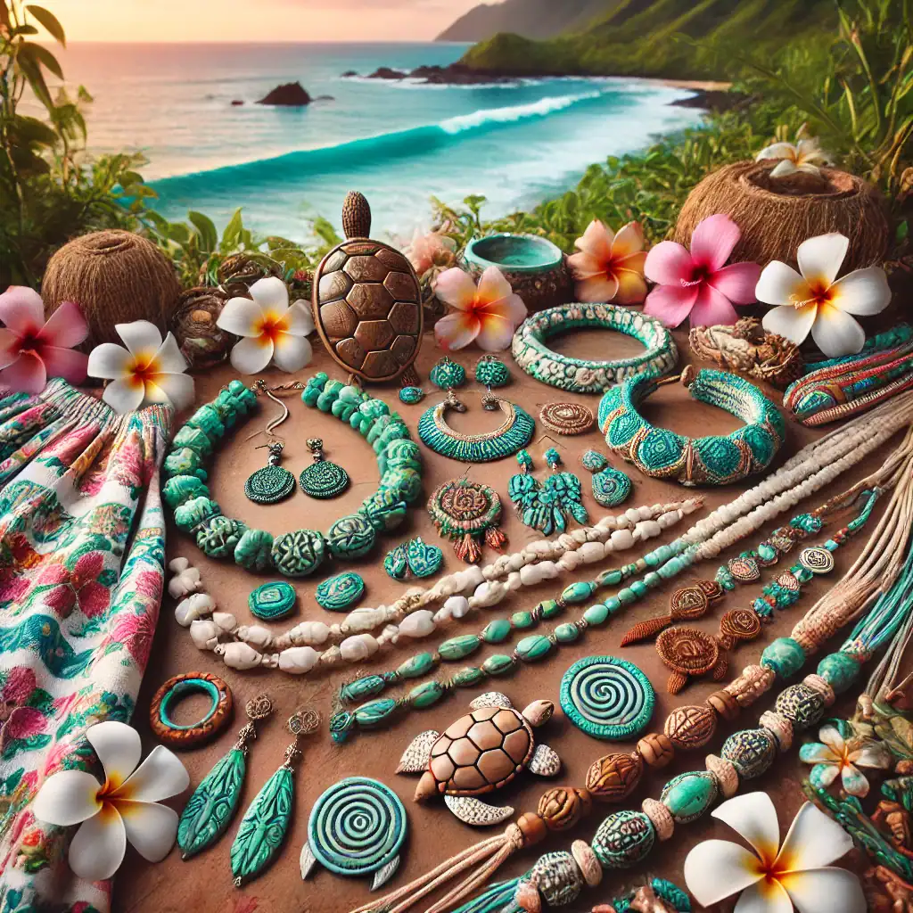 Klenoty z korálků a přírodními motivy, ručně vyráběné šperky, tropická pláž a oceán v pozadí.