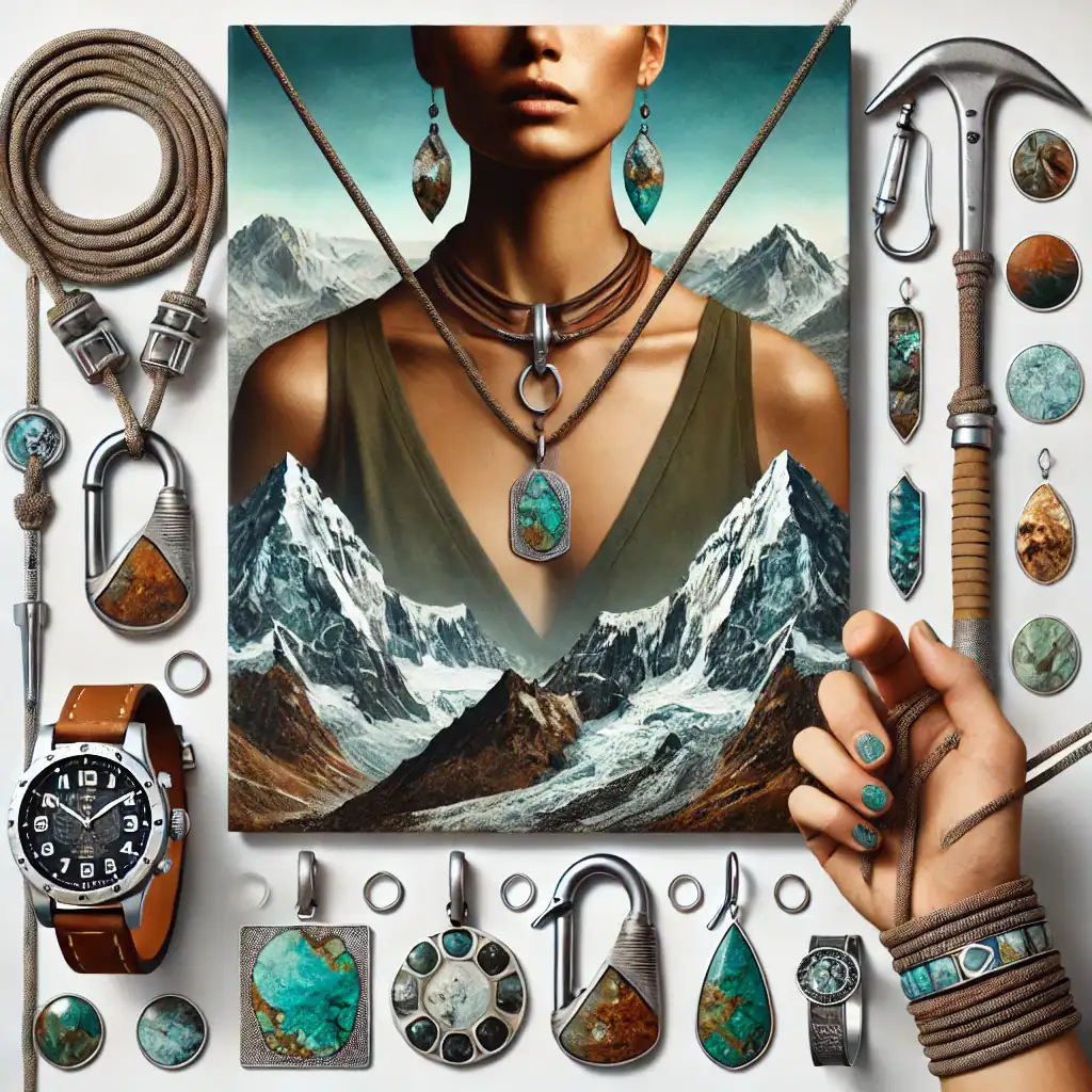 Módní šperky z přírodních kamenů a kovů s motivy hor a přírody, zahrnující náhrdelníky, náušnice, náramky a prsteny, ideální pro milovníky dobrodružství a outdoorových aktivit, ručně vyráběné a originální.
