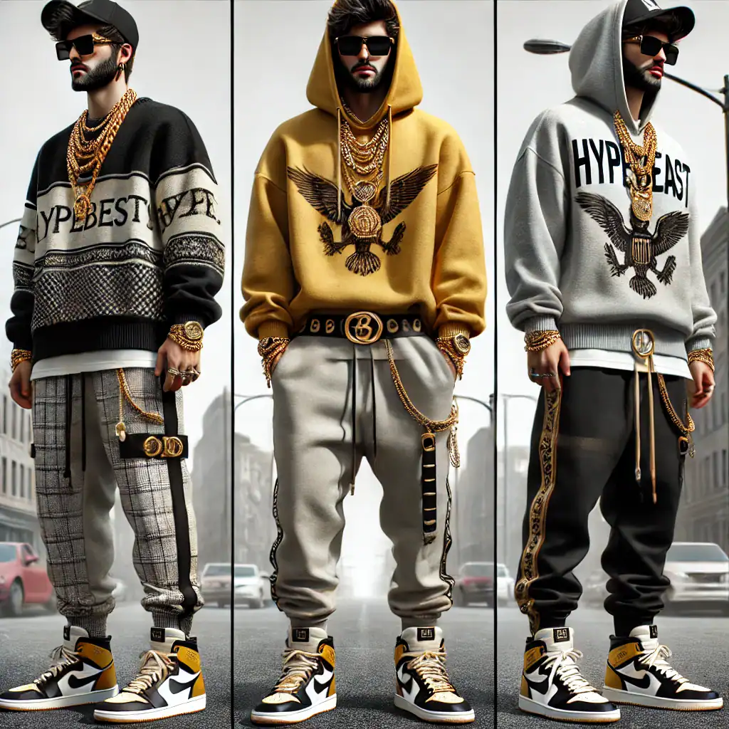 Styloví muži v moderním streetwear s výraznými šperky, tričkama s potiskem orla a streetovou módou, nosící sportovní boty a oblečení s nápisy, stojí na městské ulici.