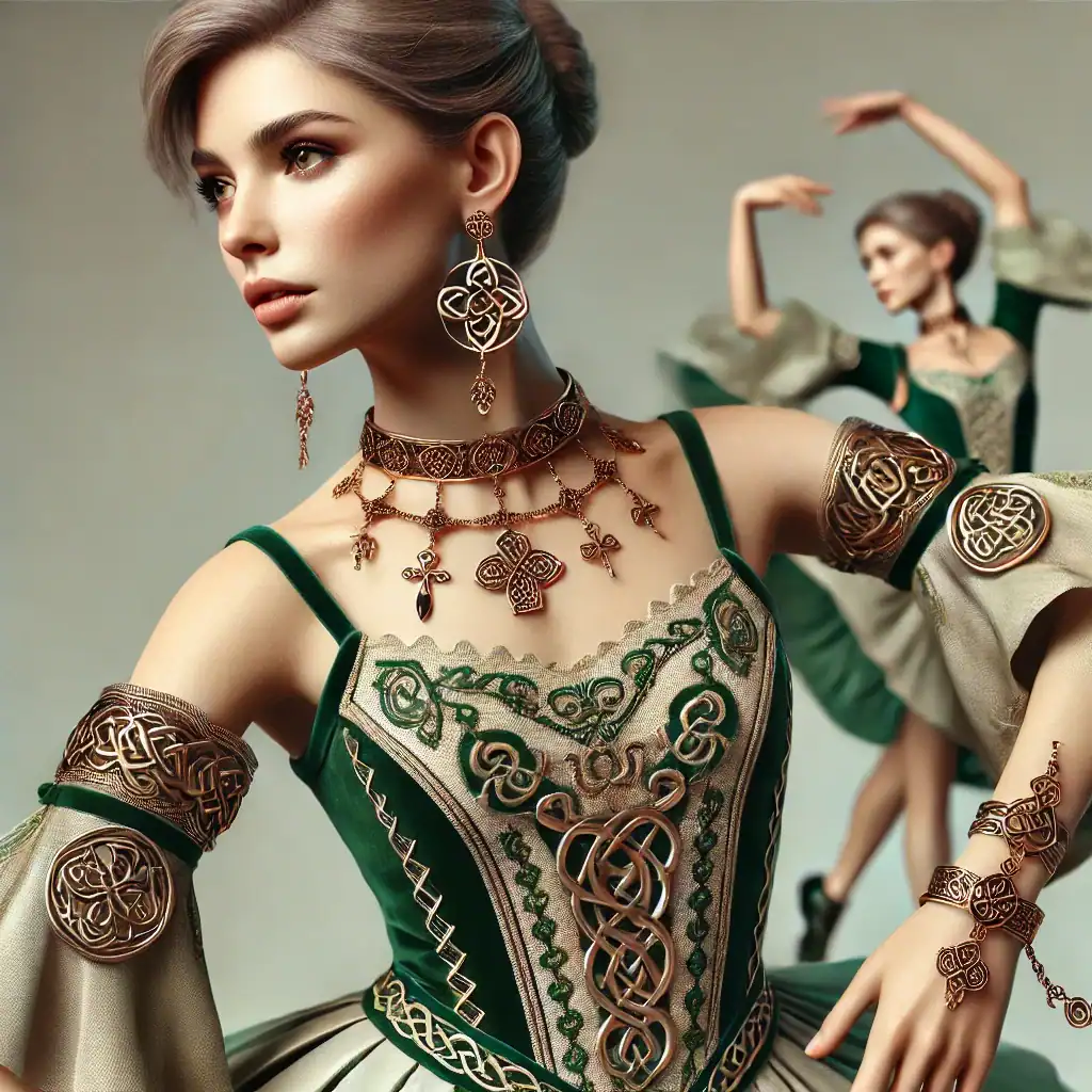 Nádherná žena v tradičním etno stylu s bohatou zlatou bižuterií a krojovými prvky, detailní záběr na šperky a oděv s keltskými a keltskými vzory, elegantní portrét, etno inspirace, umělecké ztvárnění, luxusní šperky, tradiční kroj, bohatá kultura, módní doplňky.