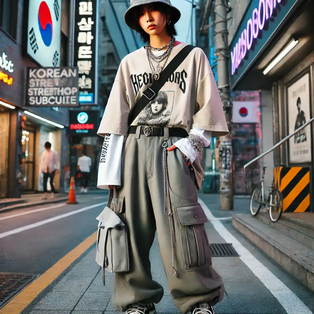 Polodlouhé tričko s potiskem a grafickým motivem, streetwear styl, módní doplňky, odvážná móda, moderní outfit, urban výzdoba, módní trendy v Asii, street fashion, mezinárodní streetwear.