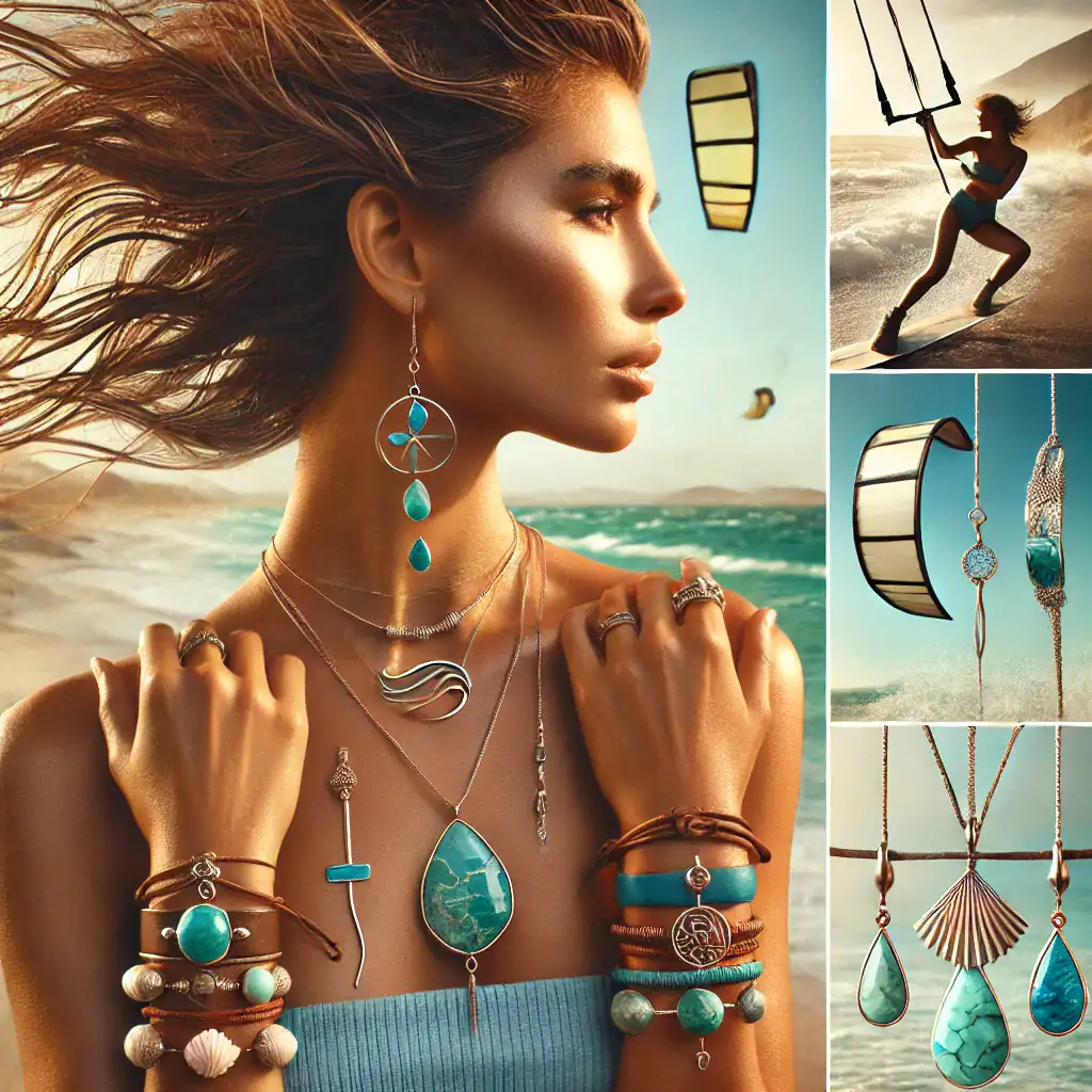 Zlaté a tyrkysové šperky na pláži, módní náhrdelníky a náušnice, letní šperky inspirované přírodou, ručně vyráběné šperky s mořskými motivy, elegantní a originální šperky pro plážové aktivity.