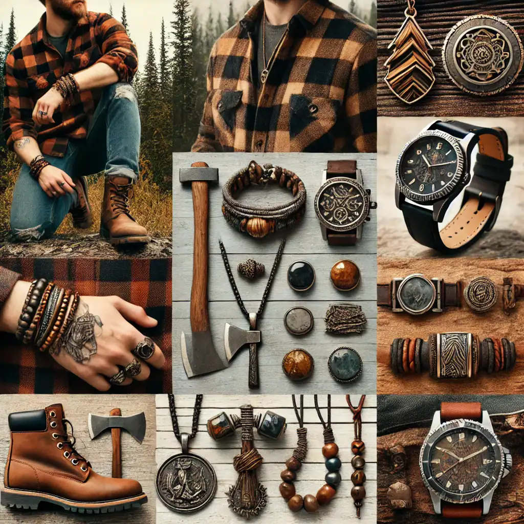 Rustic-bushcraft-móda-a-doplňky, pánské outdoorové oblečení, dřevěné šperky, hodinky a doplňky, rustikální móda pro muže, přírodní materiály a doplňky, adventurerské a outdoorové módní kousky.