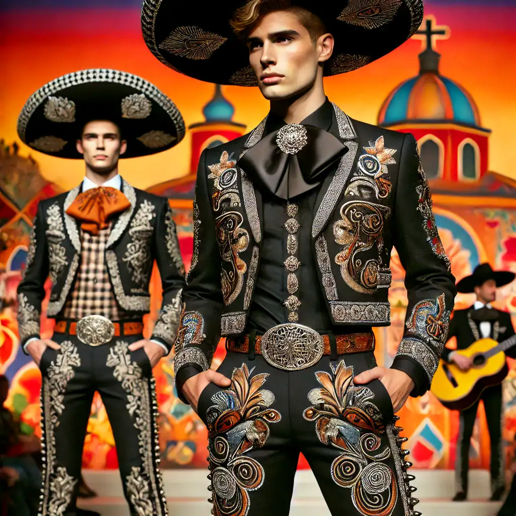 Vyvýšený muž v tradičním černém mexickém oblečení s bohatou výšivkou, sombrero a dekorativním motýlkem na krku, v pozadí kostel a barvitá krajina, Mexická kultura, folklór a tradiční oděv.