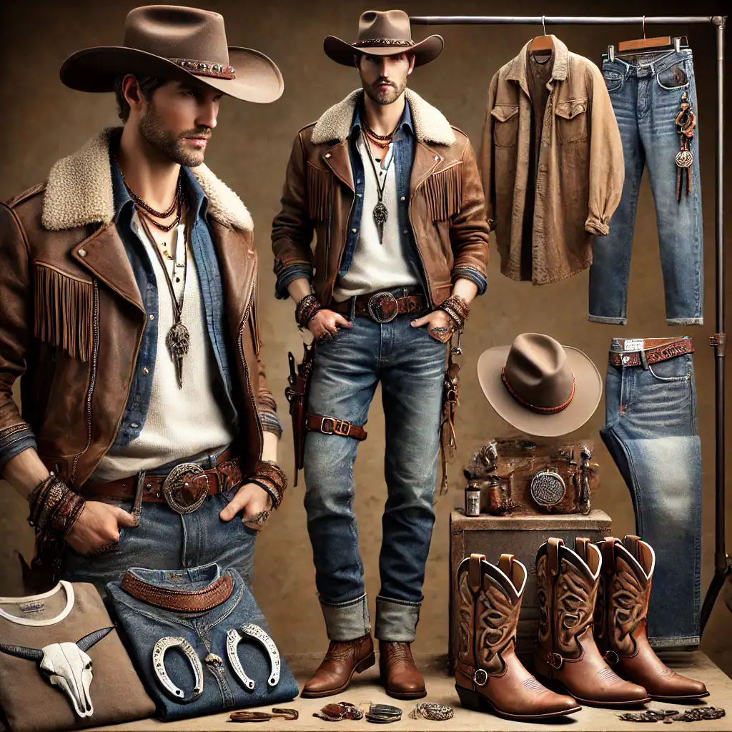 Vojenská dílna s kovbojským stylem, použitá kůže a vintage doplňky, westernové klobouky a boty, ideální pro stylové muže milující westernovou estetiku a tradici.