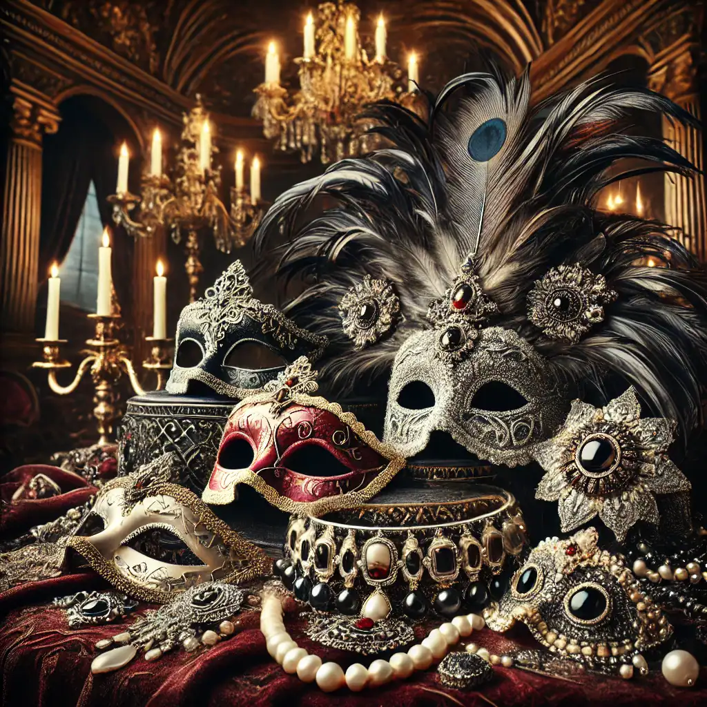 Luxusní šperky a masky na karneval, perlové náhrdelníky, peříové doplňky a elegantní dekorace v elegantním a temném prostředí s kandelábry.