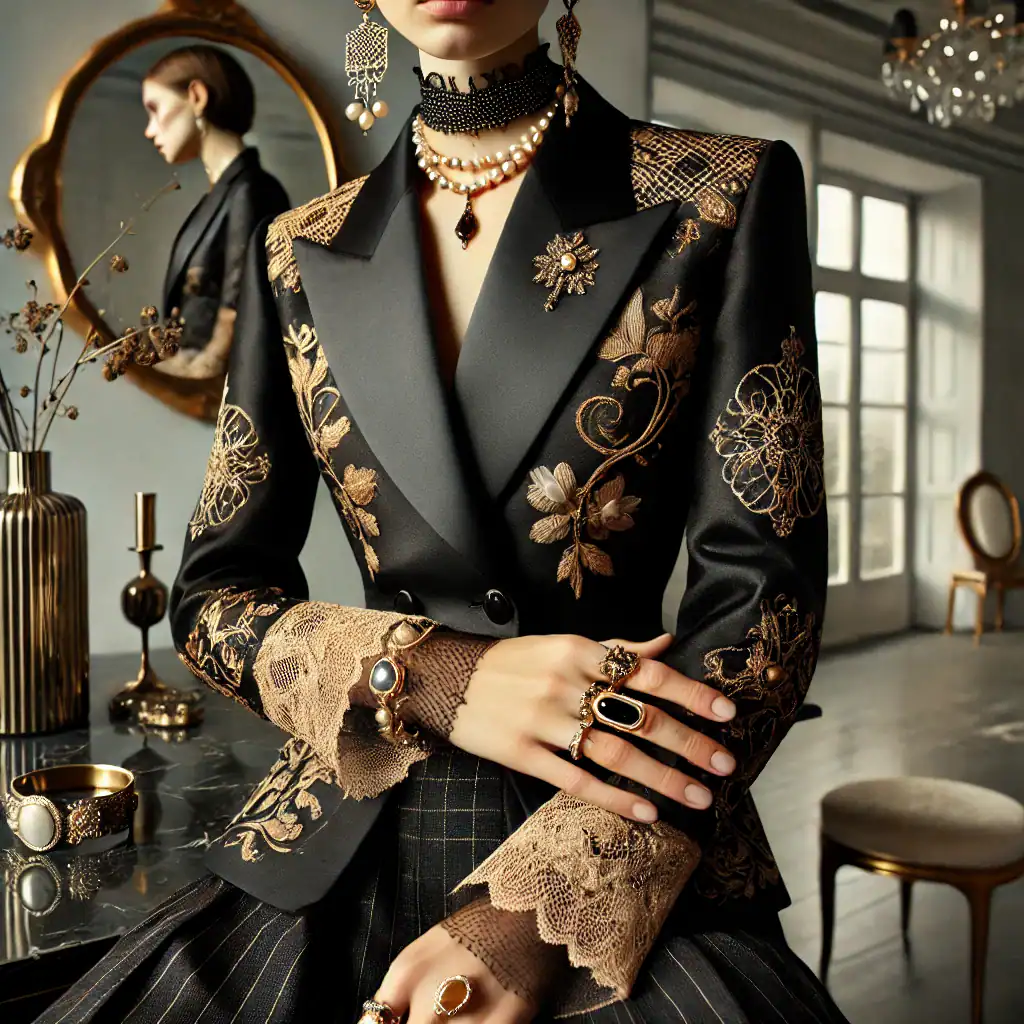 Luxusní krajková a broža šperky na elegantním černém saku s zlatým výšivkou, módní doplňky, módní šperky, exkluzivní doplňky, elegantní dámské oblečení, šperky pro zvláštní příležitosti, moderní módní trendy, Bead Culture.