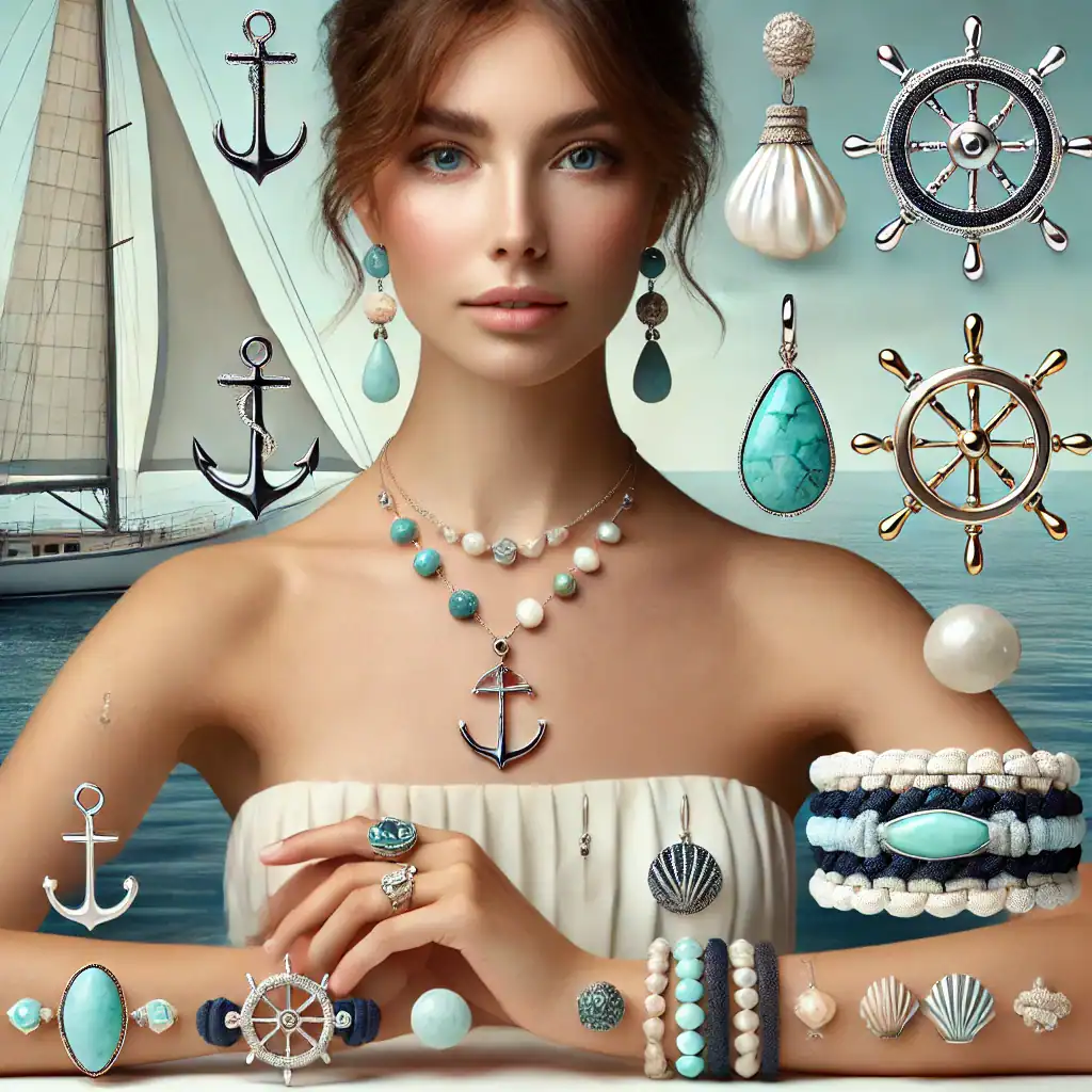 Korálkový náhrdelník s kotvou, náušnice s modrým achátem, náramky s mořskou tematikou, šperky s kotvami a přírodními kameny, námořnický styl šperků a doplňků inspirovaný mořem a plážemi, ideální pro milovníky mořského stylu.
