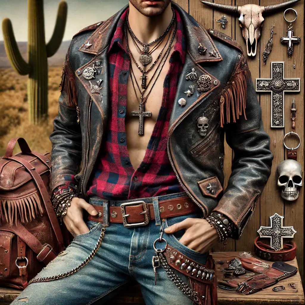 Trendi mužský vzhled s koženou bundou a šperky v rockovém stylu, náhrdelníky s křížem, skull vestička, sexy oblečení, doplňky s taškou a šperky, alternativa móda pro muže, drsný a stylový vzhled.