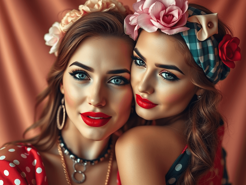 Vícebarevné korálkové šperky, módní doplňky, krásné ženy s výrazným líčením, květinové čelenky, elegantní make-up, moderní šperky na krk, stylové outfity, žena s výraznými rty, módní šperky, glamour fotografie.