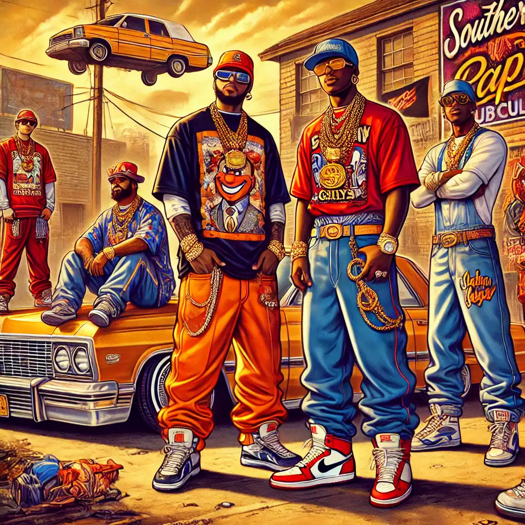 Barevné hip-hop skupina s luxusními šperky před starým autem a graffiti na pozadí, street style, městská kultura, rapová móda, módní doplňky, urban styl, americká mládež.