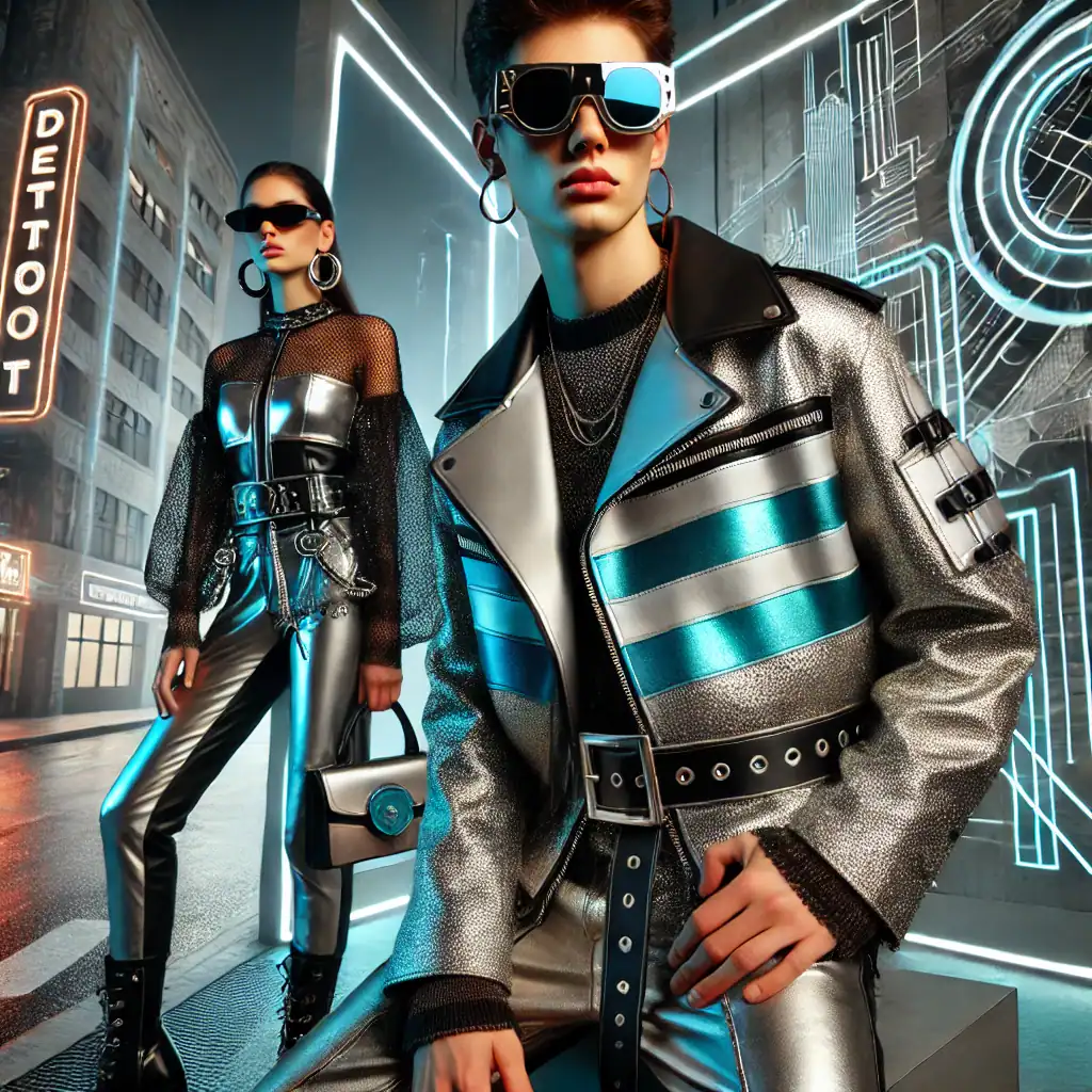 Moderni elektro fashion modely, gangstersky styl s metalickymi saty a bundami v neonovych svetlech neon city urban fashion modelky v futuristickem prostredi trendy streetwear pro mlade a stylovou mladez.