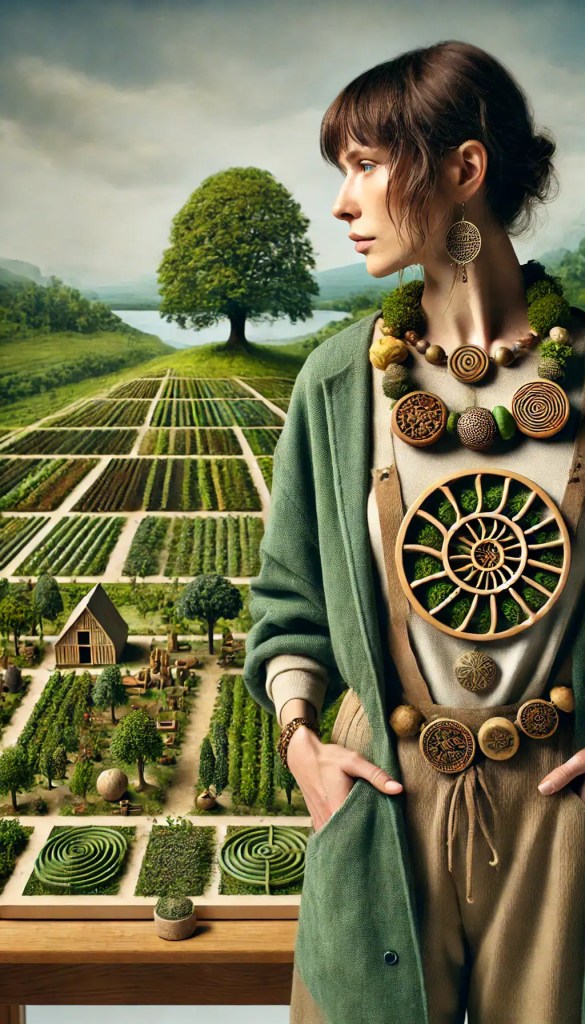 Zelené a přírodní šperky z dřevěných korálků a kovu, jemně kombinované s ekologickým designem, vystavované na módní modelce, v pozadí krajina s polemi, stromy a dvěma velkými stromy v dálce.