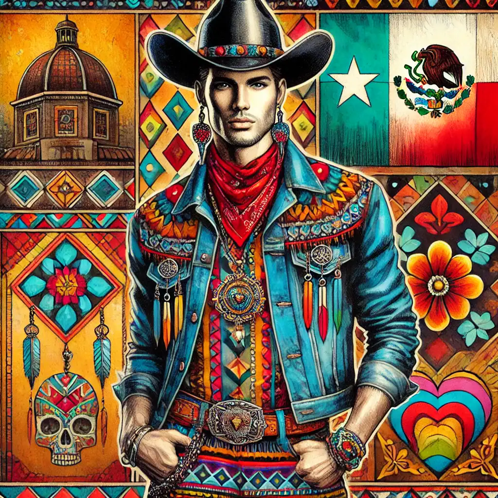 Barevné mexické cowboy, umělecká ilustrace s tradičními motivy, živé barvy a detaily, kultura Mexika a folklór, oděv a šperky, obrázek podporující tradiční řemesla a umění, ilustrace inspirovaná mexickou kulturou, koncept lidové umělecké tvorby, autentická mexická estetika, umělecké vyobrazení mexických tradic, obraz podporující tradiční řemeslné umění, relevance: vysoká, protože zachycuje mexickou culture a tradiční motivy.
