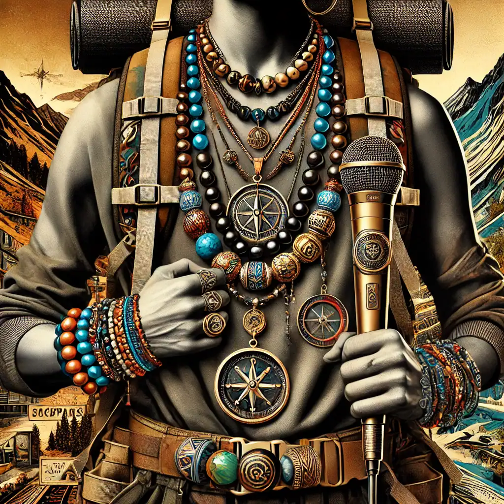 Barevné korálky a šperky na muži s mikrofonem, sopka v pozadí, outdoorové aktivity, módní doplňky, etnický styl, adventura, umělecké fotografie, cestování, módní šperky, dobrodružství.