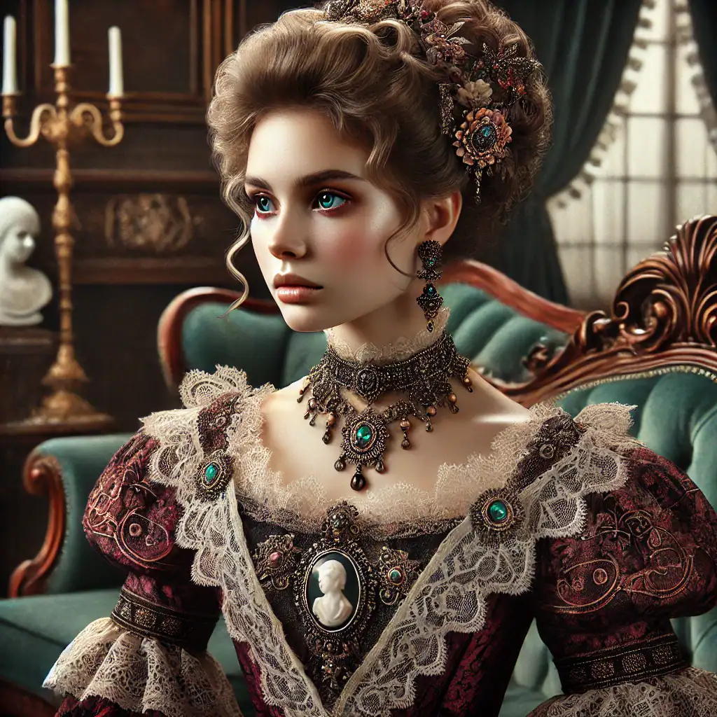 Realistické zobrazení inspirované subkulturou Victorian Elegance. Mladá žena v propracovaných viktoriánských šatech s krajkou a výšivkami v tmavých, bohatých barvách.