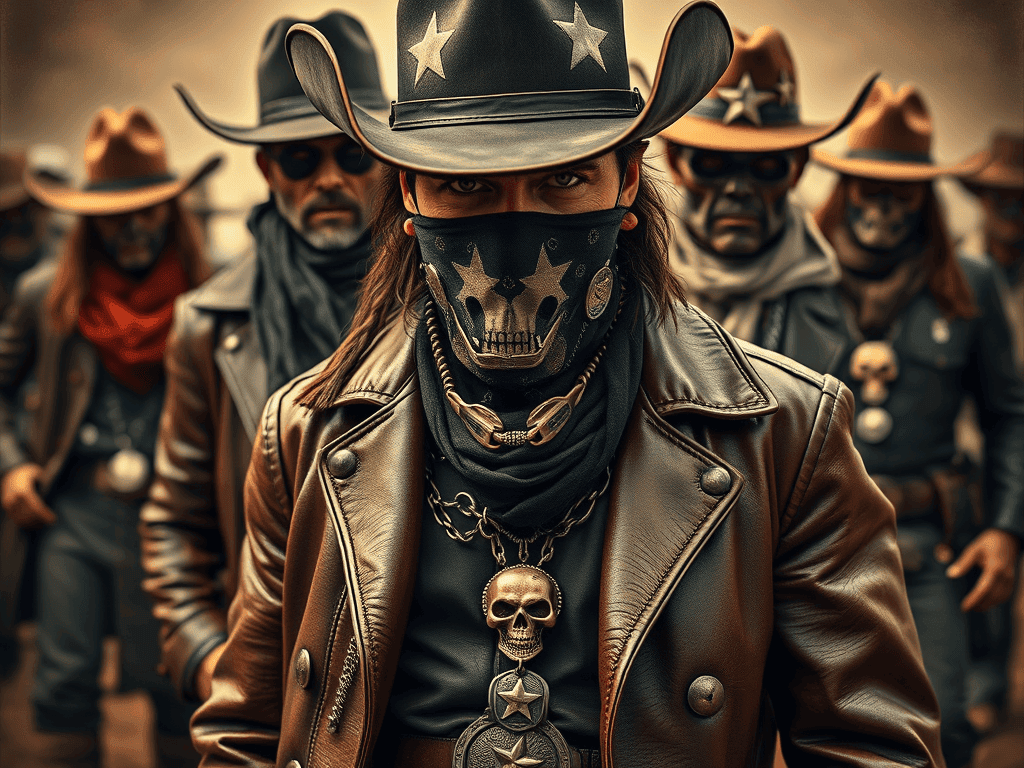 Maškarní kostým s tématem mexických banditů a klanů, černé širákové klobouky s hvězdami, kožené bundy, masky s lebkami a důraz na detailní doplňky, jako jsou pentagramy a lebky, vhodný pro kostýmové party a festivaly.