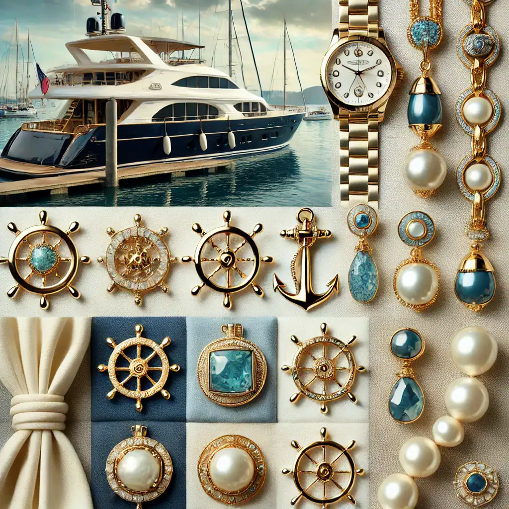 Elegantní šperky a hodinky s motivy kotvy a korábu na vodní lodi, inspirující námořní styl, zlaté detaily a perlové doplňky, ideální pro milovníky námořnictva a luxusního doplňku.
