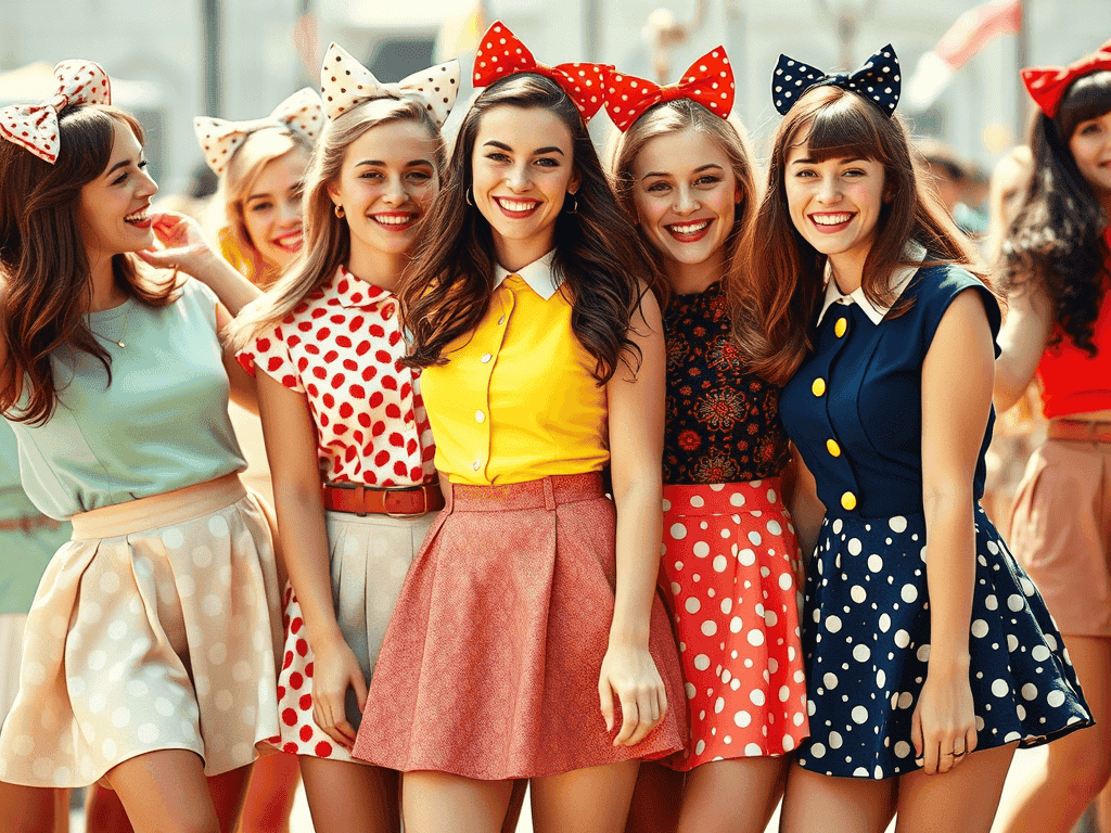 Polonéské motýlky v růžové, modré a červené na dívky na oslavě, retro styl, dívky v kostýmech, letní zábava, vintage módní doplňky, oslava s kamarádkami, radost a smích, módní rozmanitost, dětské šaty s puntíky, módní doplňky pro děti.