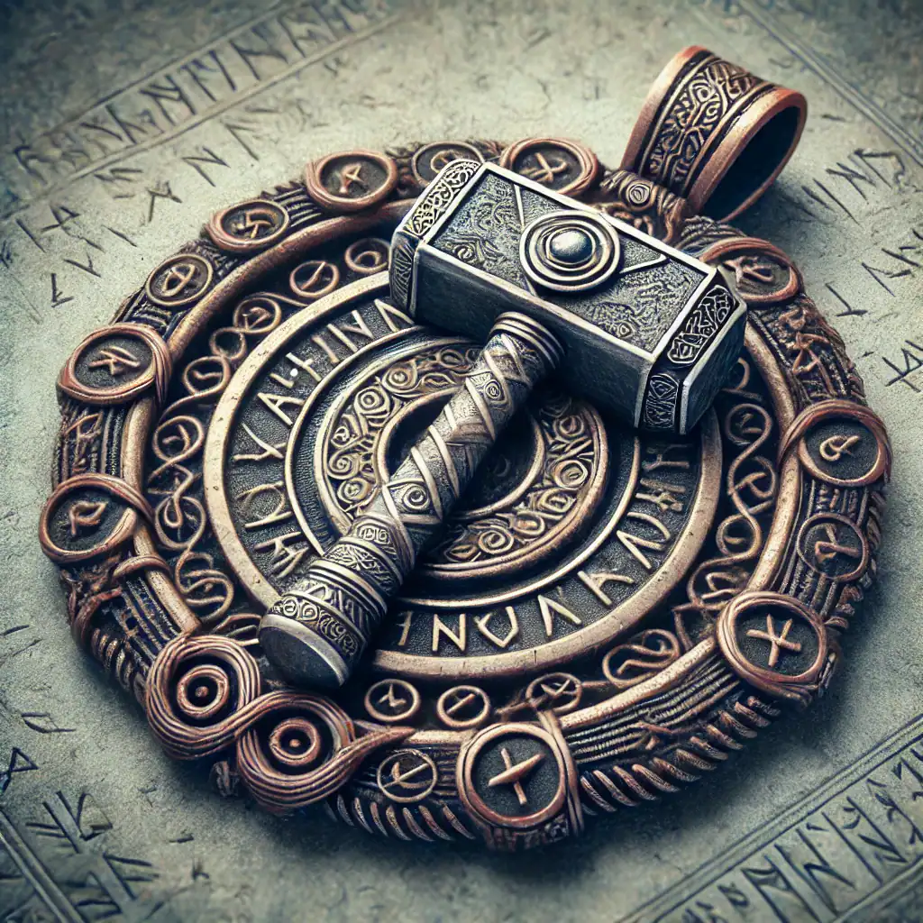 Vyřezávaný vikinský kladivo Mjölnir na runové desce s vikinskými runami a symboly, reprezentujících starověký severský umělecký styl a mytologii.