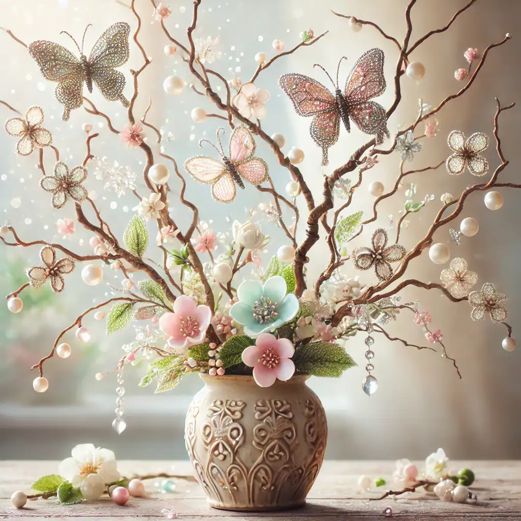 Květinová aranžmá s motýly z perliček a korálků v romantickém keramickém vases, ideální dekorace pro jarní a letní interiéry.