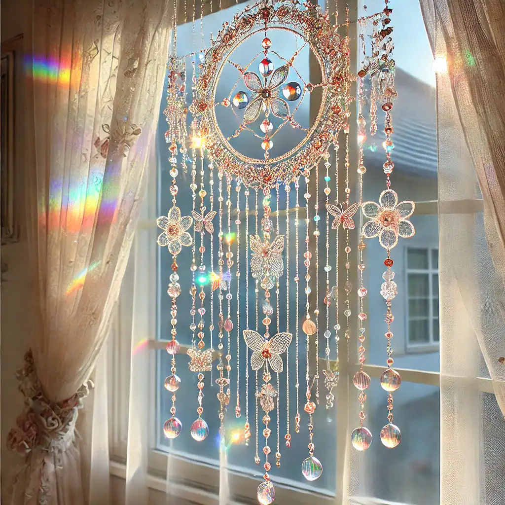 Ozdoba na okno s třpytivými křišťálovými prvky a motýly, sluneční světlo vytváří duhové odlesky, ideální pro domácí dekoraci, ručně vyrobená vinutá závěsná dekorace, elegantní a magický doplněk interiéru.