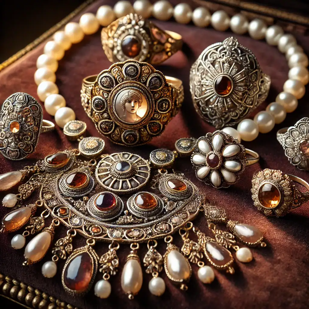 Starožitné šperky s perlami a drahými kameny, vintage náramky prsteny a náušnice, bohaté zdobení kovu s photo jewelry, ručně vyráběné originální bižuterie, elegantní šperky pro dámy, luxusní šperkovnice, kolekce vintage šperků, módní doplňky s perlami a drahými kameny.