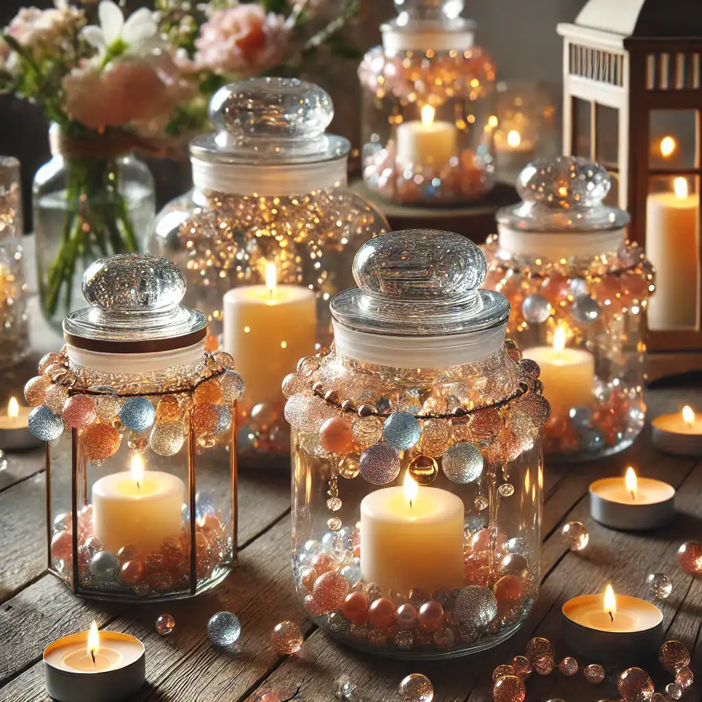 Zářící skleněné lucerny s vánočními ozdobami a svíčkami, vánoční dekorace, teplé světlo, vánoční atmosféra, zimní dekorace, dekorace na Vánoce, sváteční osvětlení, vánoční osvětlení, zimní venkovní dekorace, vánoční interiérové dekorace, vánoční osvětlení domova, Vánoční atmosféra, zimní vánoční dekorace, svatoštěpánské dekorace, vánoční výzdoba.