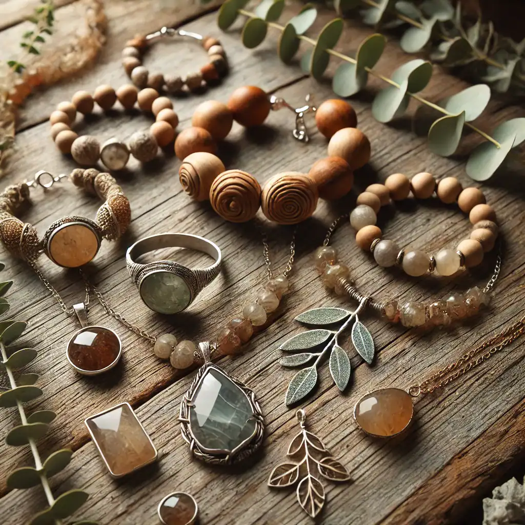 Ručičky z přírodního dřeva a minerálových korálků na šňůrách, ve stínu listů, ideální pro přírodní šperky a handmade bižuterii.