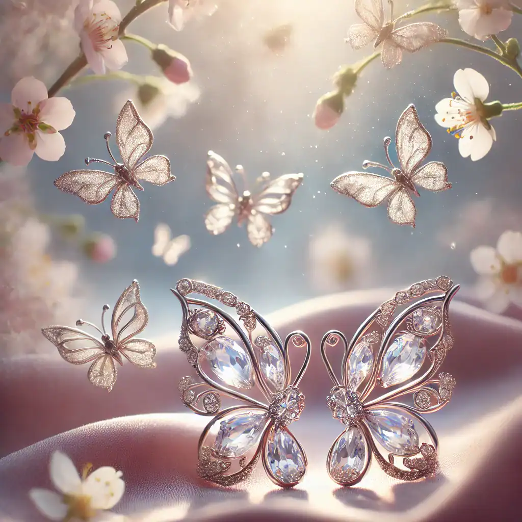 Lesh zlatý motýl šperky s drahokamy, na růžové látce s květinami a motýly, elegantní a luxusní design šperků, romantická a jemná móda, dekorace z drahokamů a kovů, Bead Culture.