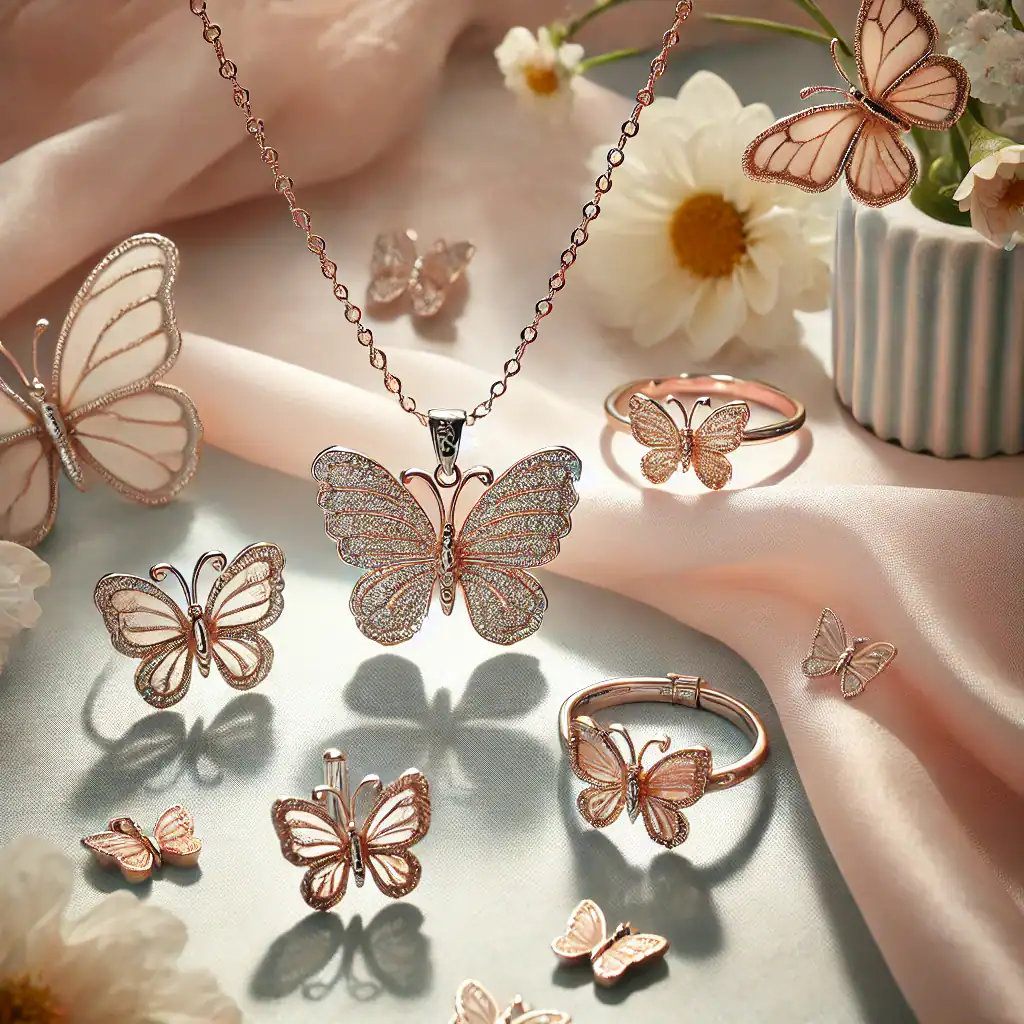 Lesklý šperkový set s motýlími motivy, náhrdelník, prsten a naušnice, růžově zlatá a stříbrná, elegantní a ženský doplněk, ideální na speciální příležitosti nebo denní nošení, ručně vyráběné bižuterie.